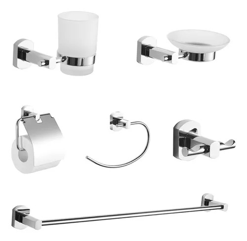 Set Accesorios Baño FLG 6 Piezas Acero Inox Vidrio Transparente