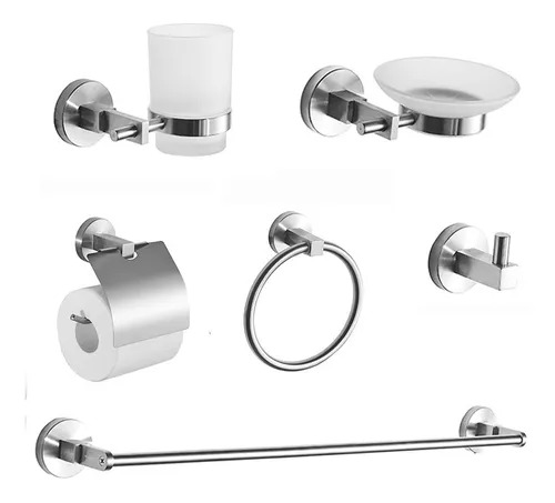 Set Accesorios Baño 6 Piezas Acero Inox Vidrio Esmerilado